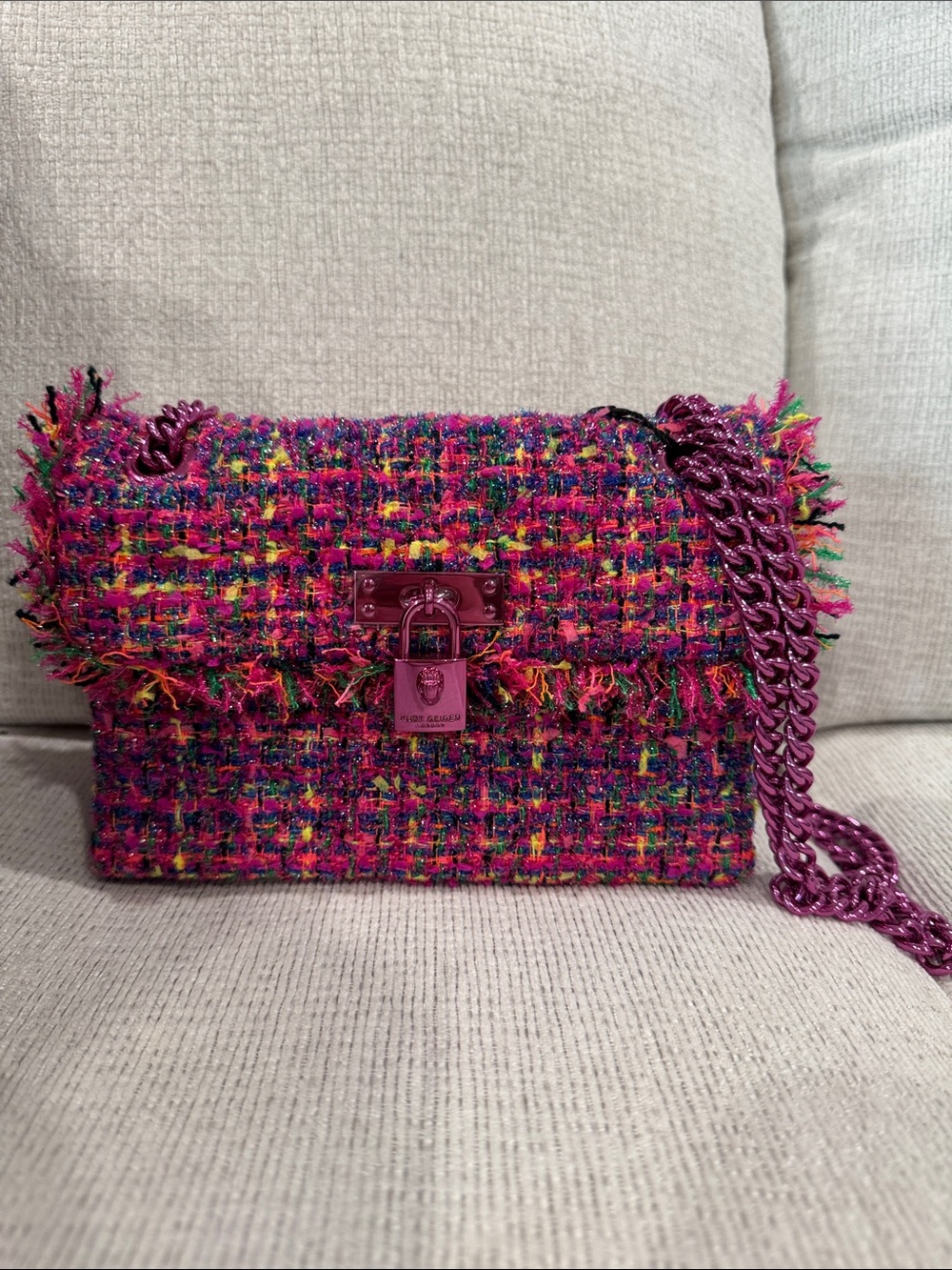 Kurt Geiger Pink Multicolor Tweed Chain Crossbody Bag